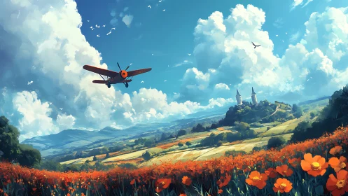Sunlit biplane over scarlet poppy fields and hilltop castle.
