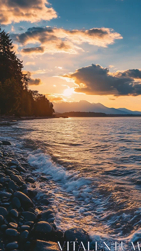 Coastal shoreline records sunset light over rippled water