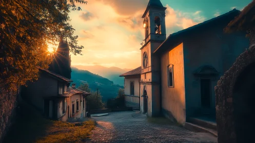 Golden evening sunlight warms a quiet hilltop village street