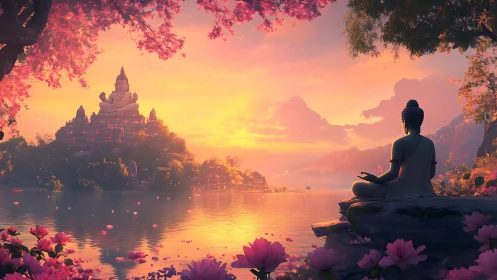 Meditative silhouette facing monumental lotus temple at dusk.