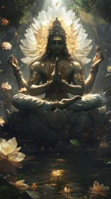 Multilimb lotus deity in luminous volumetric forest sanctum.