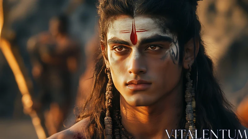 Sunlit warrior’s calm gaze with sacred paint and beads.