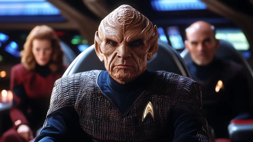 Alien starship commander in textured uniform on bridge.