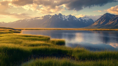 Sunlit alpine lake reflects dramatic snowcapped mountain range