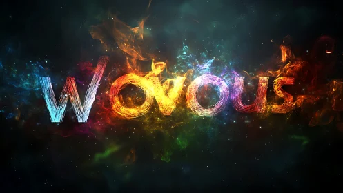 Colorful fiery &ldquo;Wovous&rdquo; text on dark cosmic background.