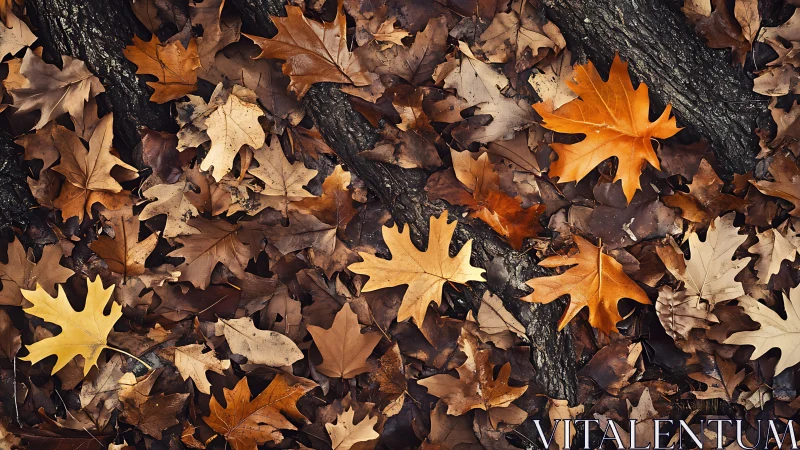 Photorealistic overhead study of layered autumn oak leaves.
