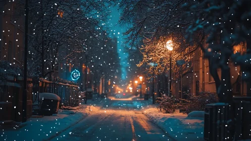 Nocturnal snowfall over lamplit urban winter corridor.