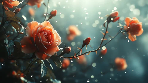 Bokeh-Enhanced Orange Rose Clusters with Suspended Water Droplets Composition