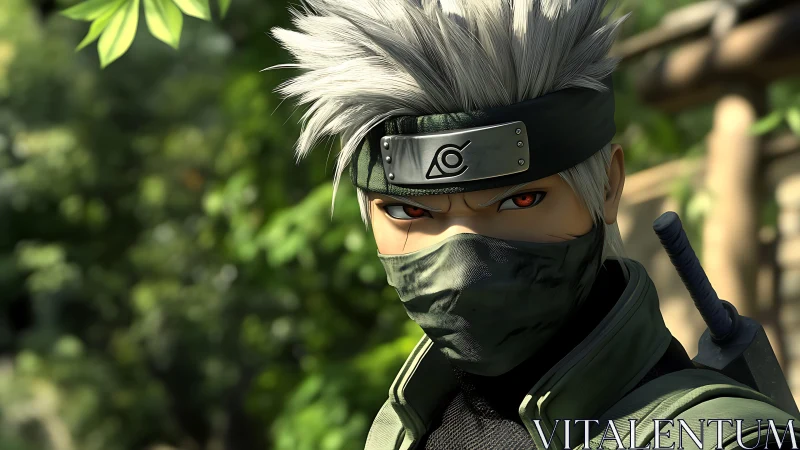 Silver haired masked ninja with headband in green forest