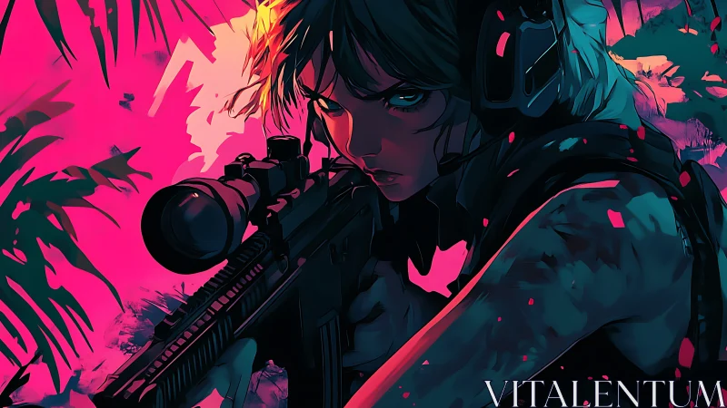 Neon jungle sniper in high-contrast cyberpunk illustration.