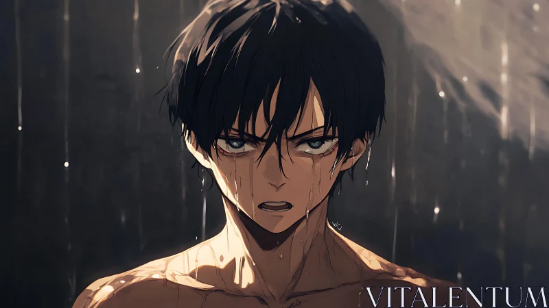 Intense wet-haired youth under cinematic rainfall lighting.