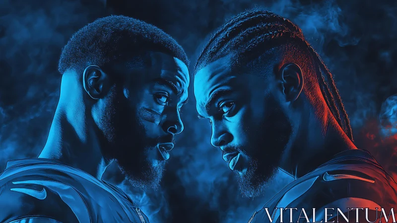 Gridiron rivals lock intense neon-lit faceoff profile