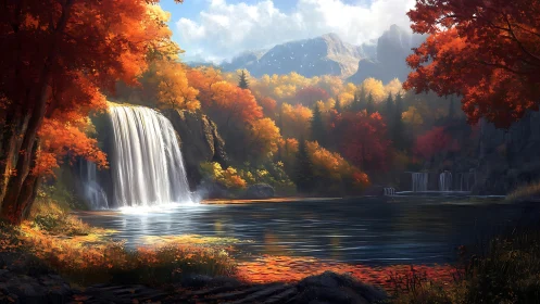 Autumn waterfall valley under bright mountain light.