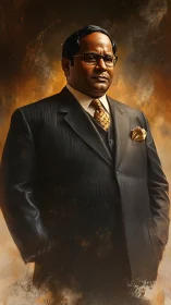 Stoic businessman stands in tailored suit against ochre glow