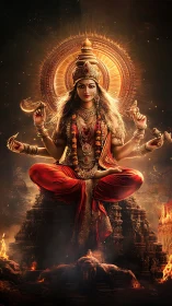 Divine multi-armed goddess figure over fiery temple ruins.