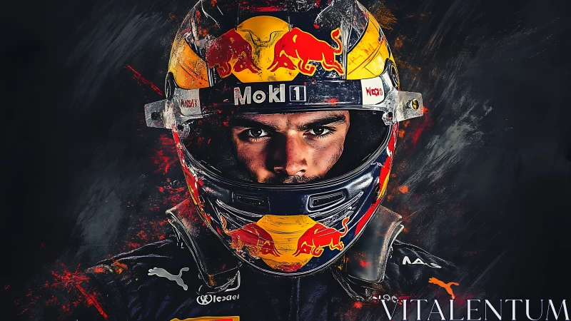High-intensity motorsport portrait with Red Bull racing helmet.