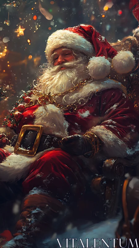 Santa figure seated in ornate chair amid winter lights.