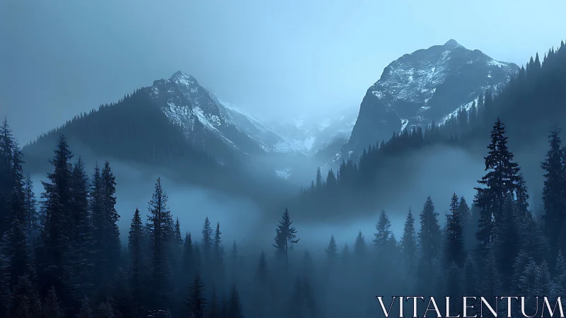 Snow-dusted conifer forest occupies misty valley below peaks