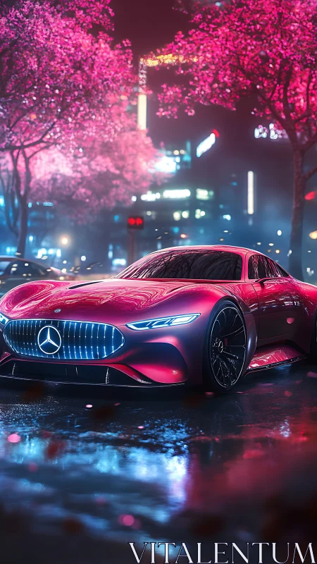 Sleek red sports car glows under neon lights and pink trees