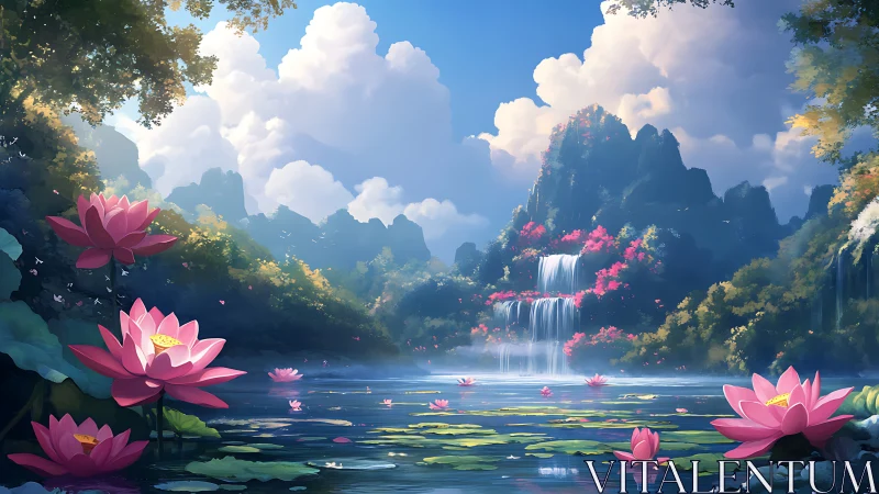 Lotus pond panorama with tiered waterfalls and misty hills