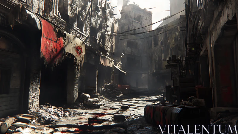 Postwar urban alley in ruin with dramatic volumetric light.