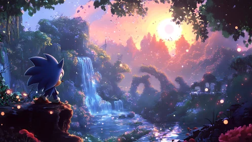 Blue hedgehog surveys bioluminescent waterfalls at spectral dawn