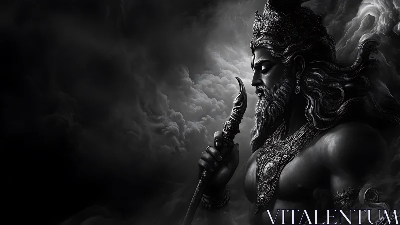 Stormlit guardian in quiet profile over swirling clouds.