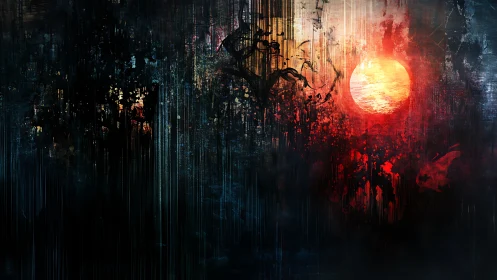 Digital abstract composition shows red sun over textured field