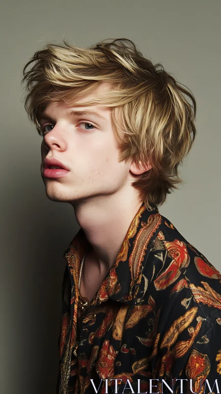 Blond youth poses in patterned shirt, soft studio light.