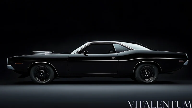 Side profile view shows black classic muscle car in studio