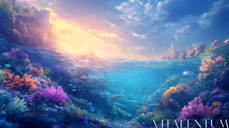 Sunlit coral reef paradise with colorful fish and clear water.