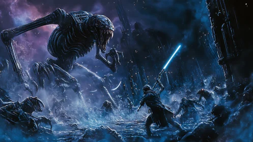 Neon blade warrior confronts towering biomech nightmare in ruins.