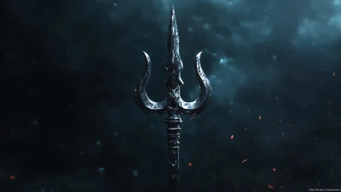 Mystic trident glowing softly in a stormy blue night sky.
