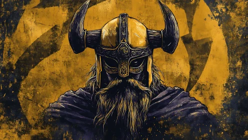 Horned Viking warrior stares forward against worn ochre circle