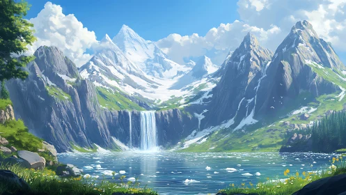 Snowlit peaks cradle a crystal waterfall in alpine hush