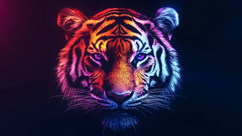 Neon colored tiger head rendered with high contrast lighting