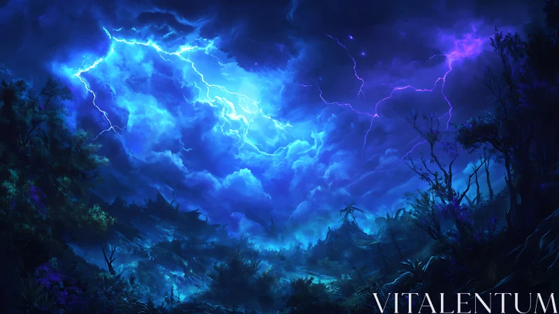 Bioluminescent jungle under electric cyan and violet stormfront