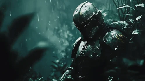 Lone armored wanderer resting in a misty emerald jungle.