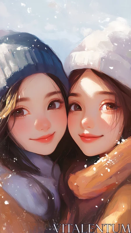 Winter close-up digital painting of two smiling girls.