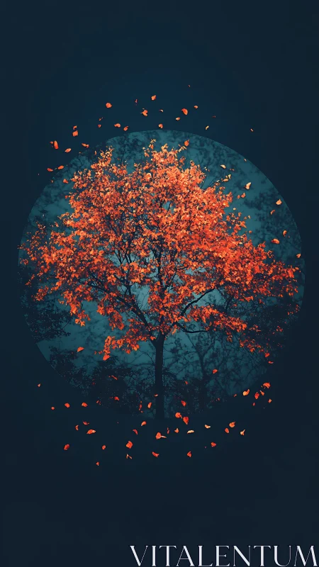 Orange autumn tree centered in circular dark teal frame
