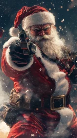 Militarized Santa aims handgun amid swirling digital snowfield