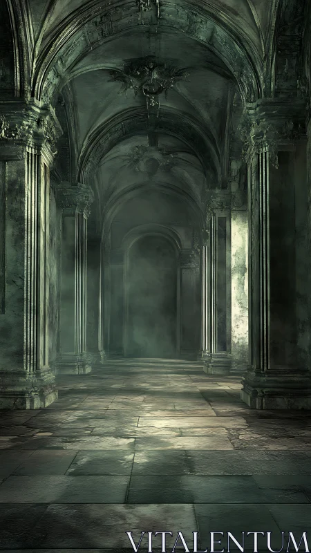 Stone corridor with vaulted arches recedes into diffuse haze