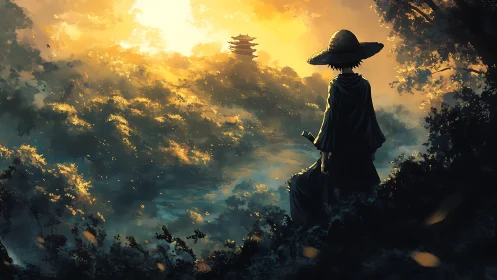 Samurai silhouette gazing toward distant sunlit pagoda.