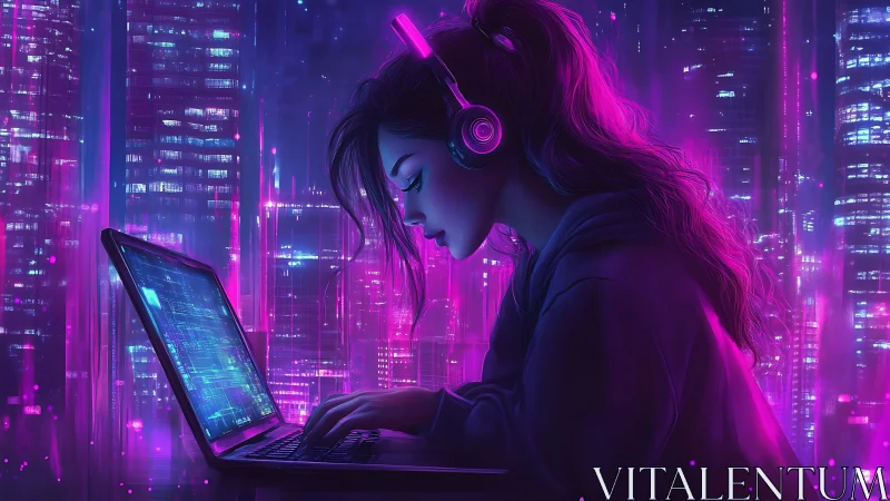 Neon-lit cyber girl coding in futuristic city glow.