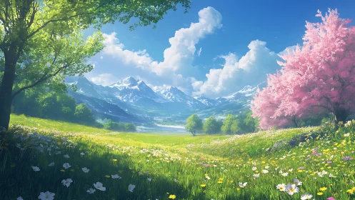 Spring valley opens gently toward distant snowy mountains