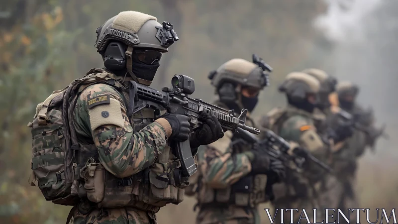 Special forces unit advances cautiously through hazy woodland.