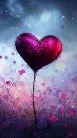 Luminous Heart-Shaped Balloon Hovering Over Twilight Flower Field