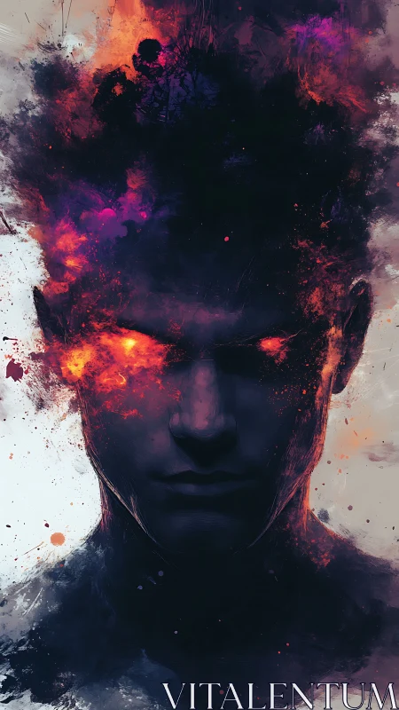 Ember-eyed shadow being crowned in wild cosmic fire.