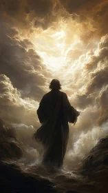 Wanderer in radiant storm clouds walking toward the light.