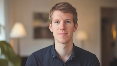 Soft lamplight frames a calm portrait in warm home tones